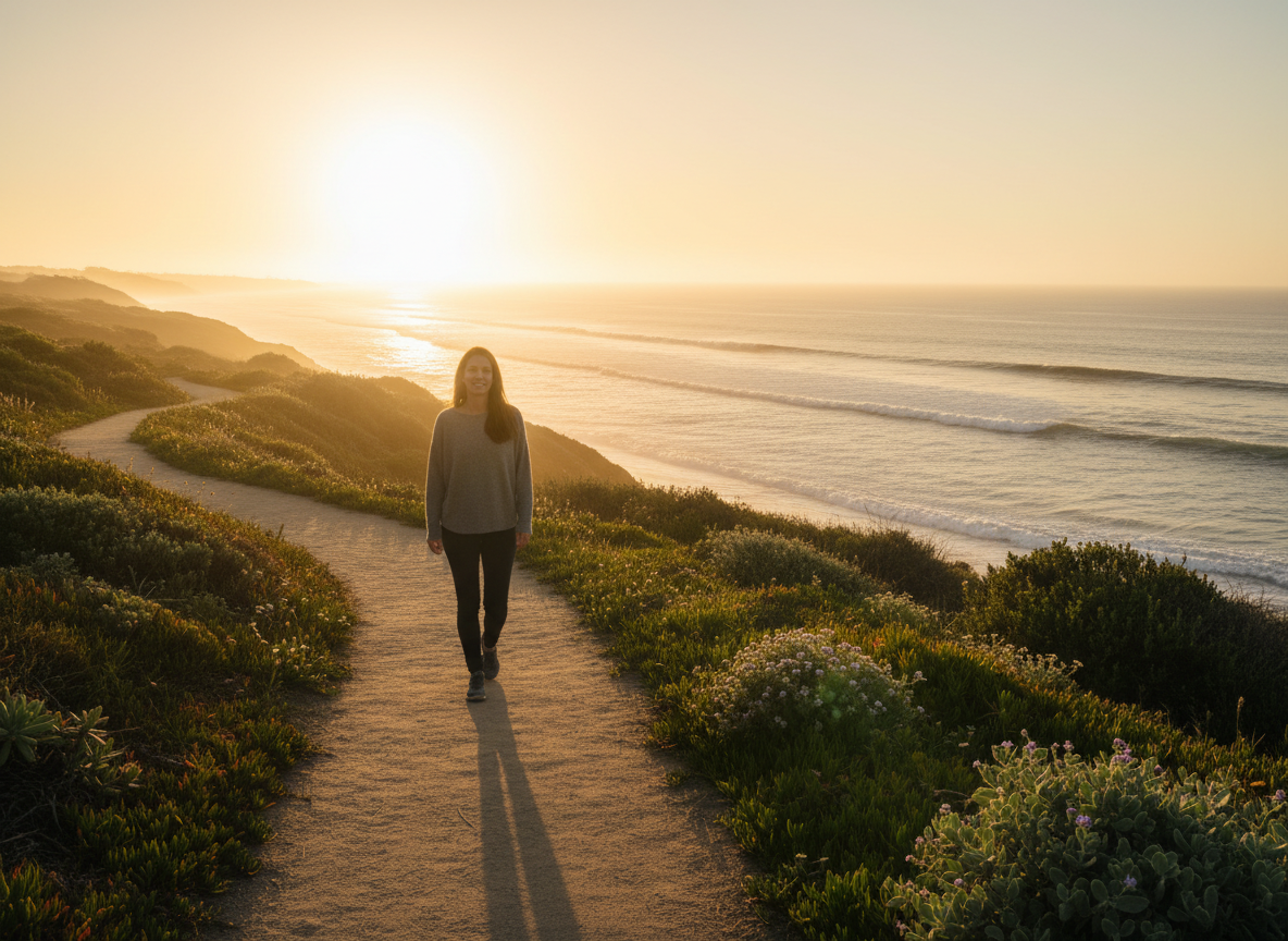 Woman walking alone on a peaceful coastal path at golden sunrise — the journey continues after the retreat