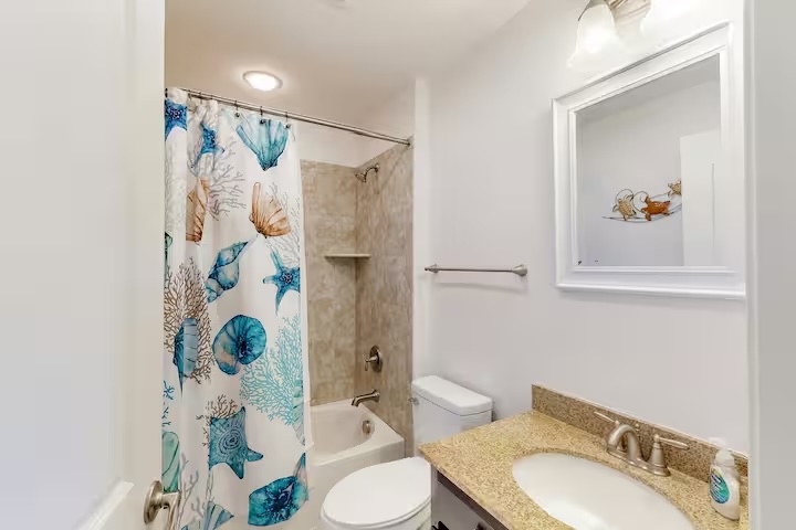 Bathroom with ocean-themed shower curtain and granite vanity