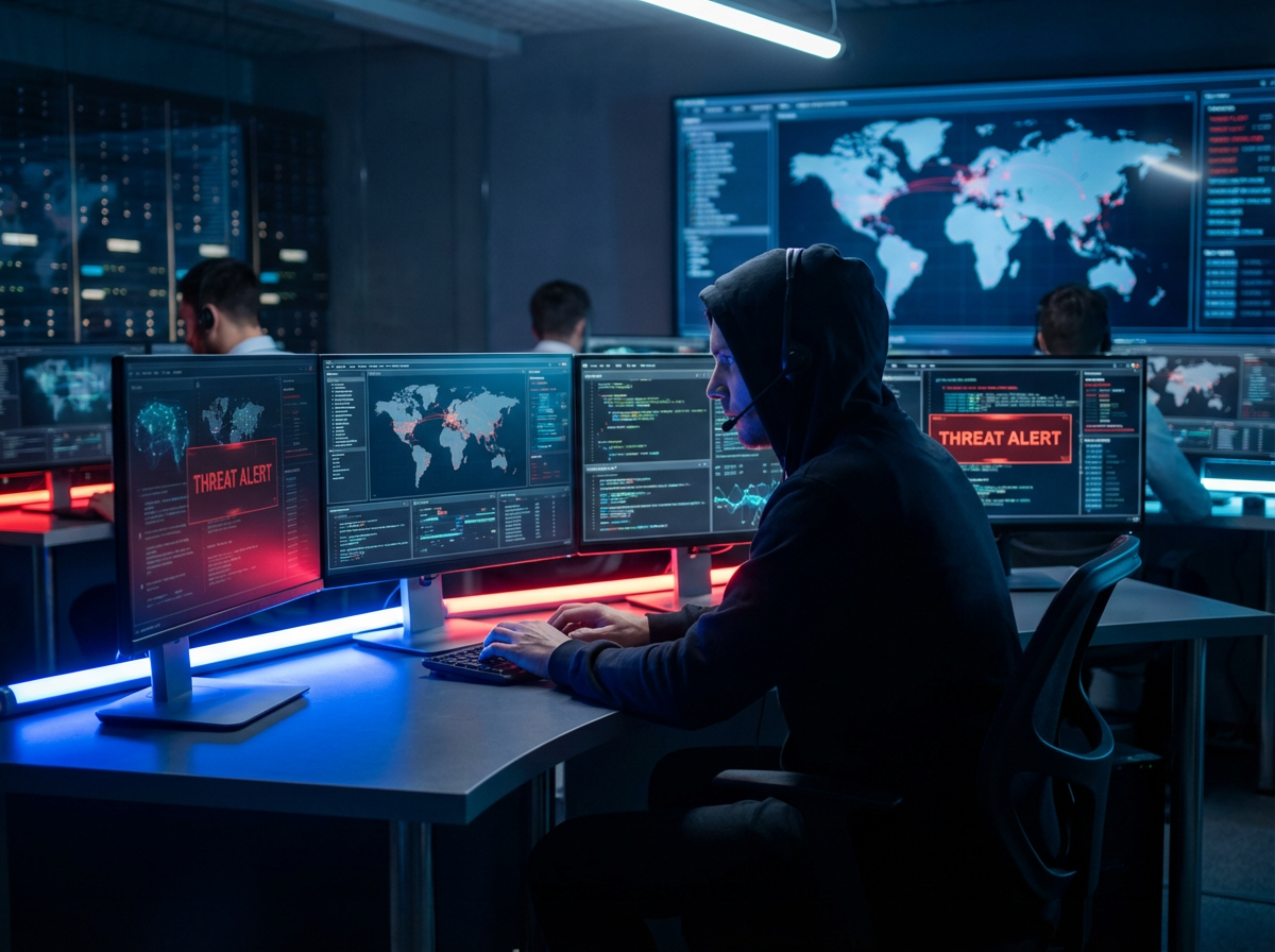 Cybersecurity analyst monitoring security dashboards with threat alerts