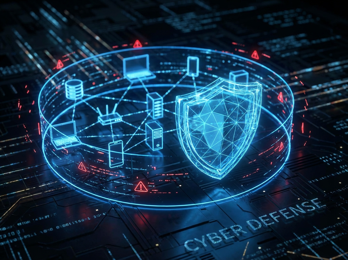Glowing cybersecurity shield protecting a network of connected devices