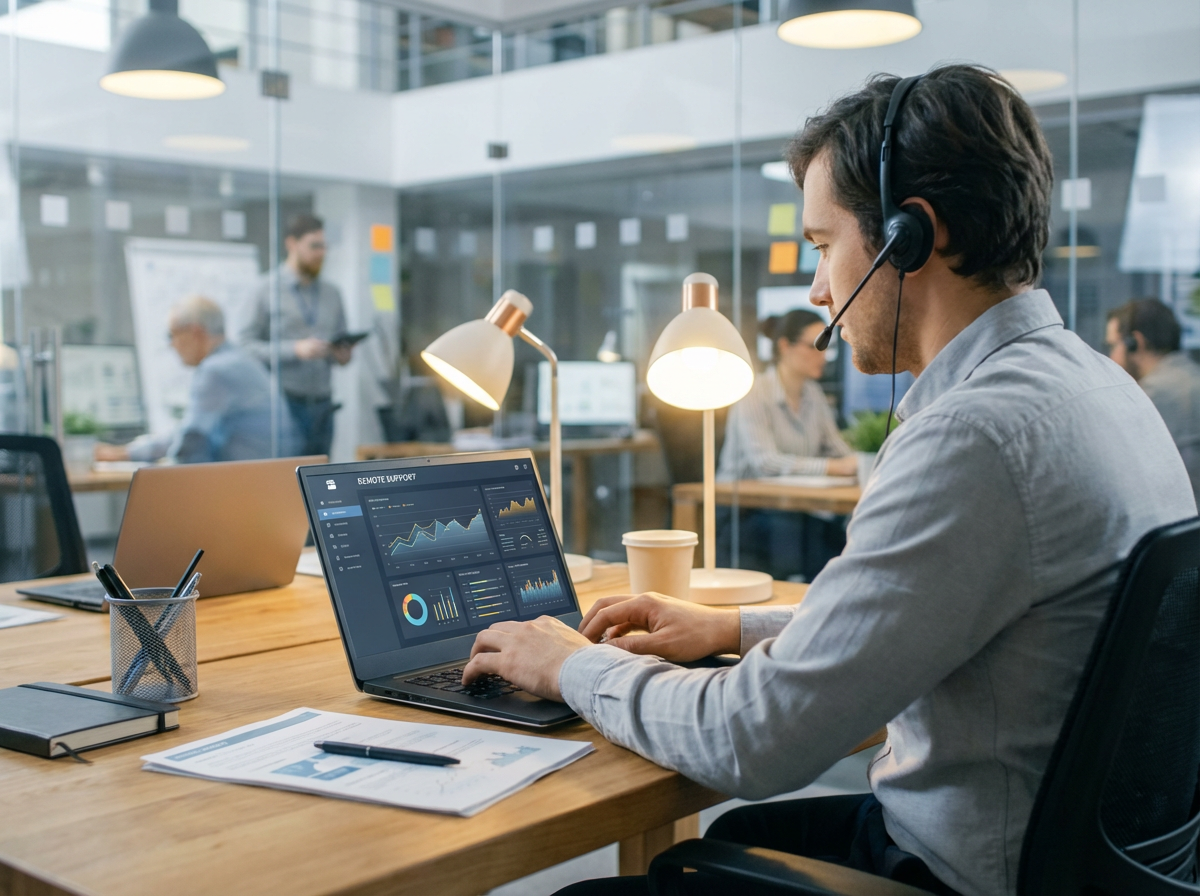 IT professional providing remote helpdesk support on laptop