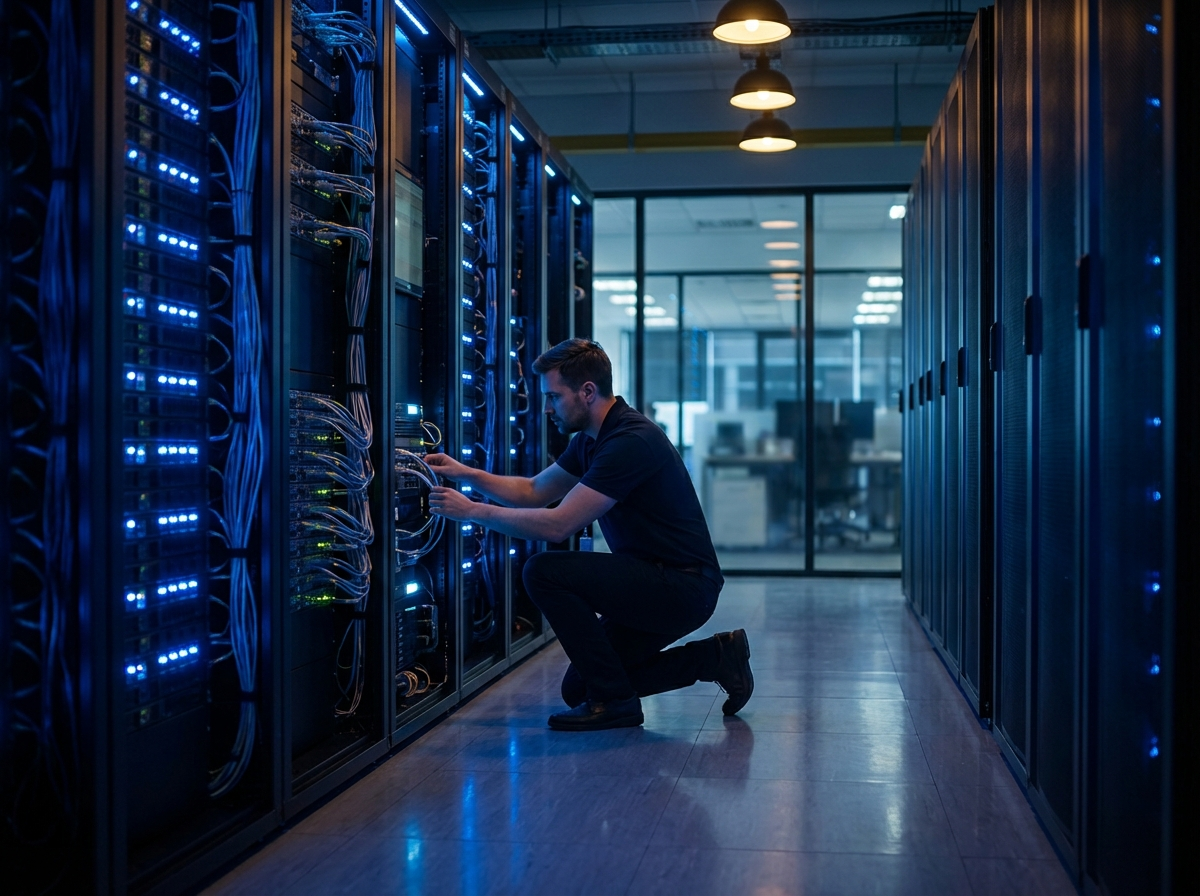 Server room with blue LED lighting representing managed IT infrastructure
