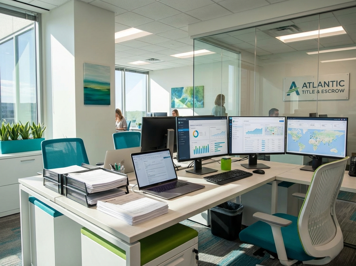 Modern title company office with multiple monitors showing software dashboards
