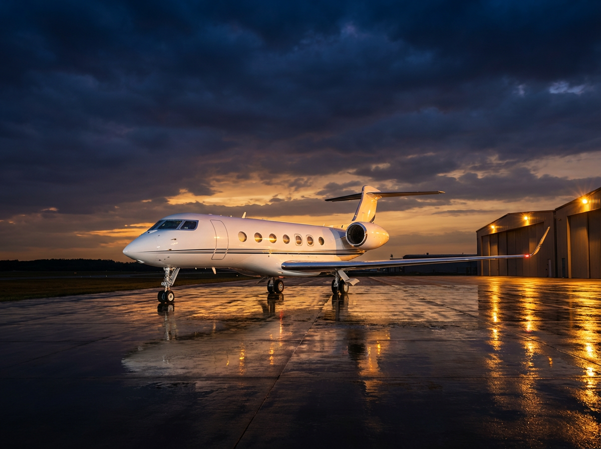 Sleek private jet on runway at twilight