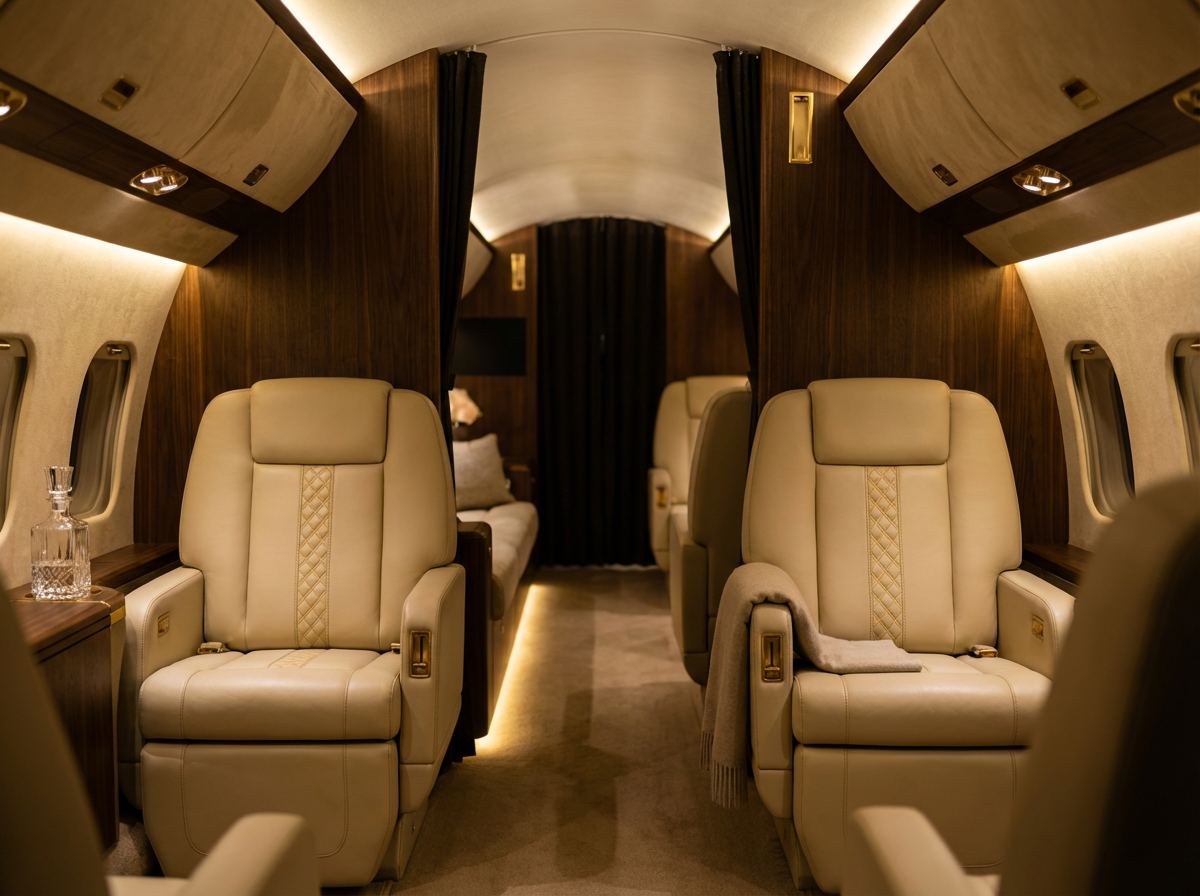 Luxury private jet cabin interior with leather seats and warm lighting