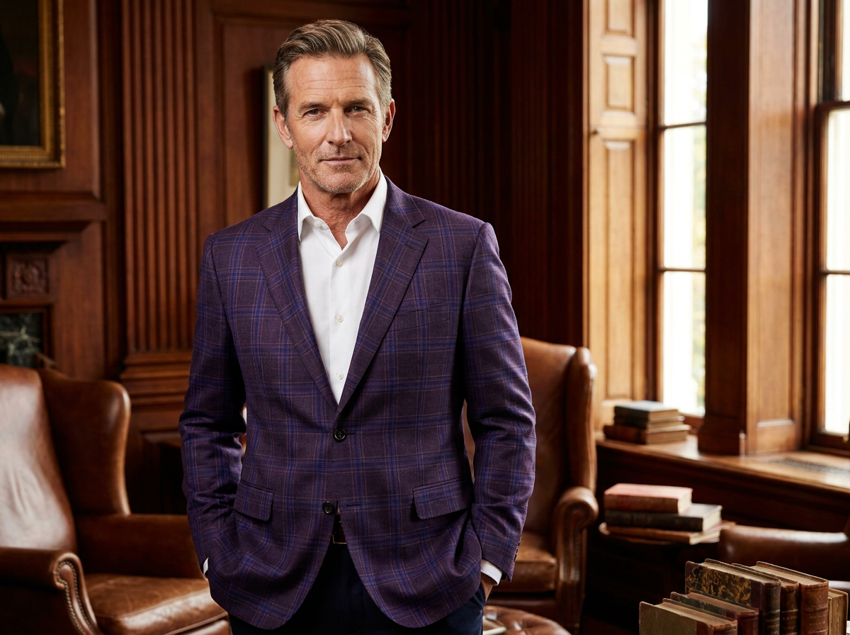 Man in custom purple plaid blazer — BLU Fine Menswear