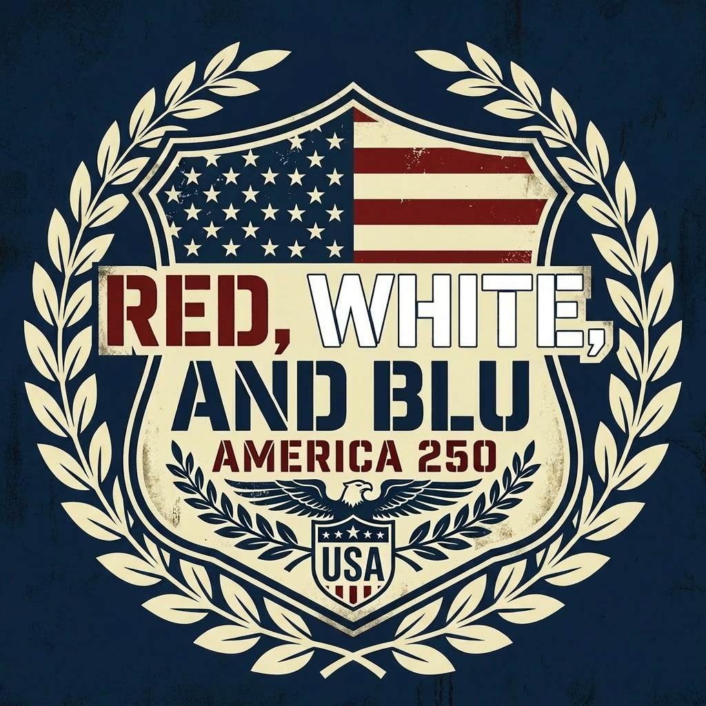 Red, White, and BLU — America 250 promotional logo