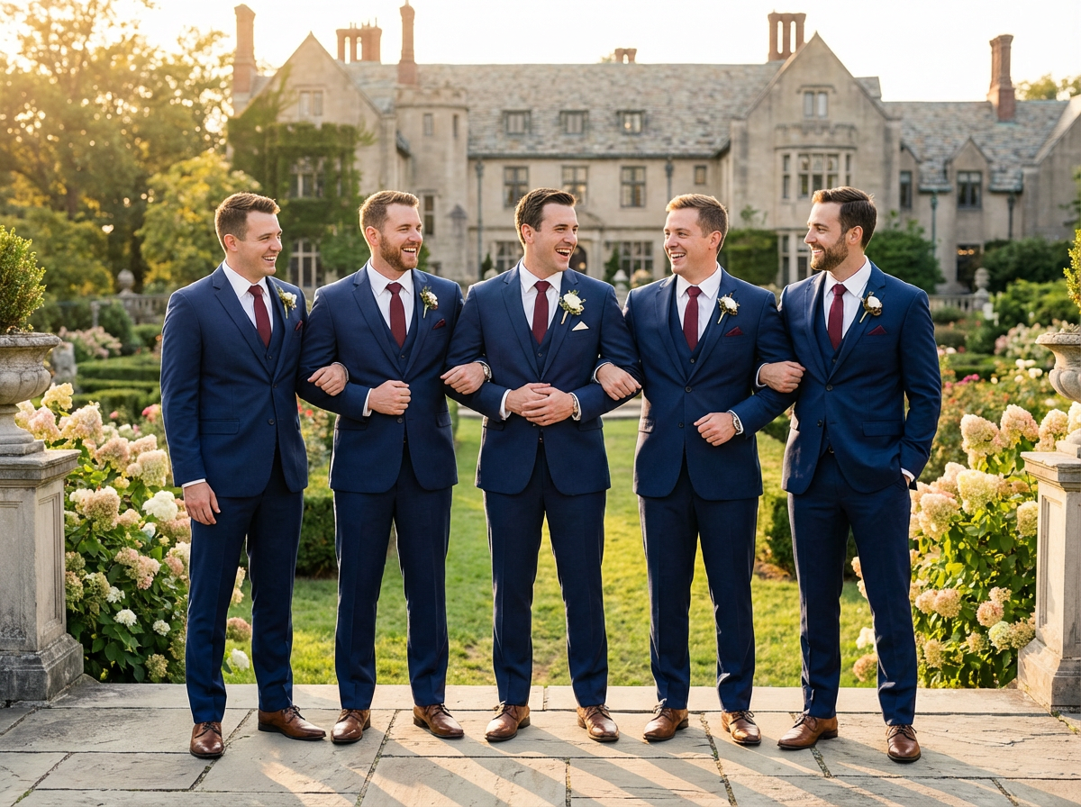 Groomsmen in matching custom tuxedos by BLU Fine Menswear Houston