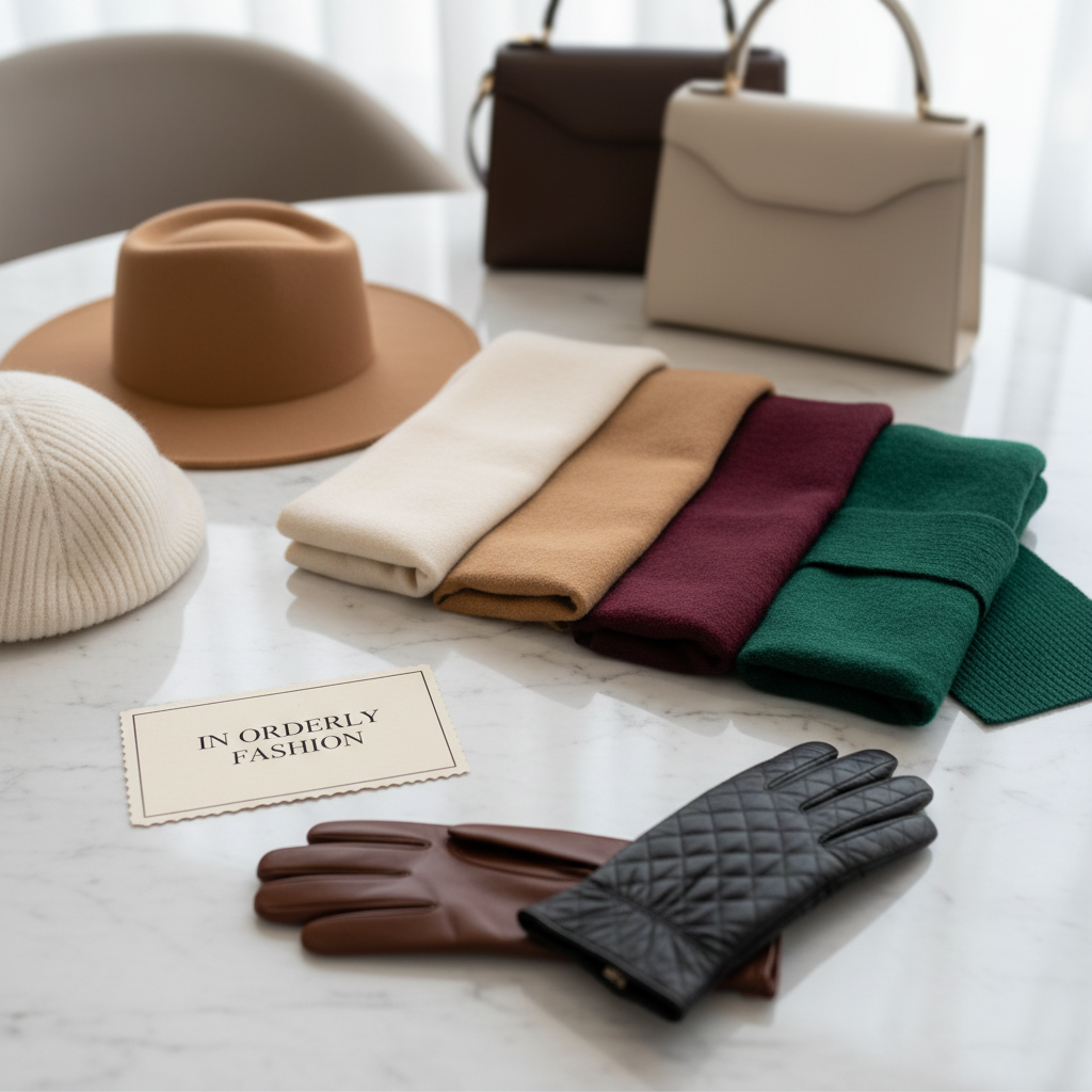 Elegant winter scarves, hats, and gloves arranged neatly in rich neutrals and jewel tones.