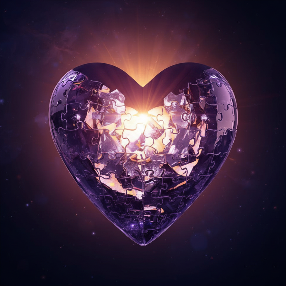 The Re-Membered Heart — a crystalline puzzle heart with light breaking through from within, pieces still being assembled