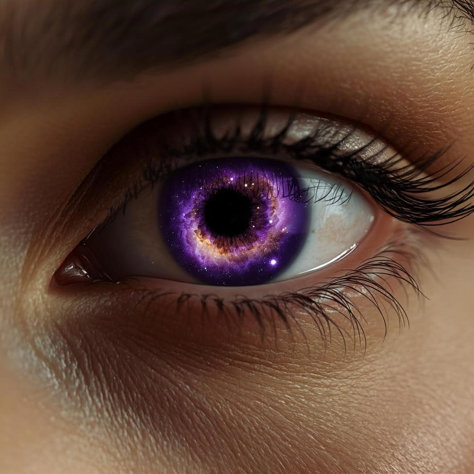 The Knowing Eye — a real human eye with the cosmos visible in the iris