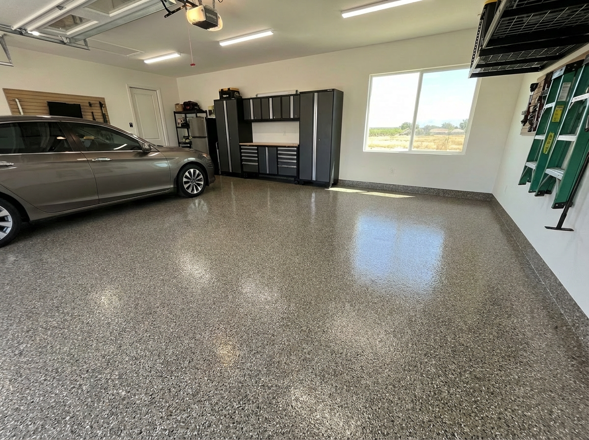 Professional epoxy floor coating in a garage