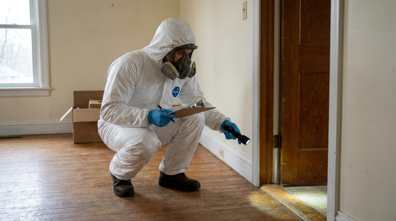 A certified biohazard remediation technician in full Tyvek PPE documents a residential property in North Country New York, assessing floor and wall surfaces near a doorway before remediation begins.