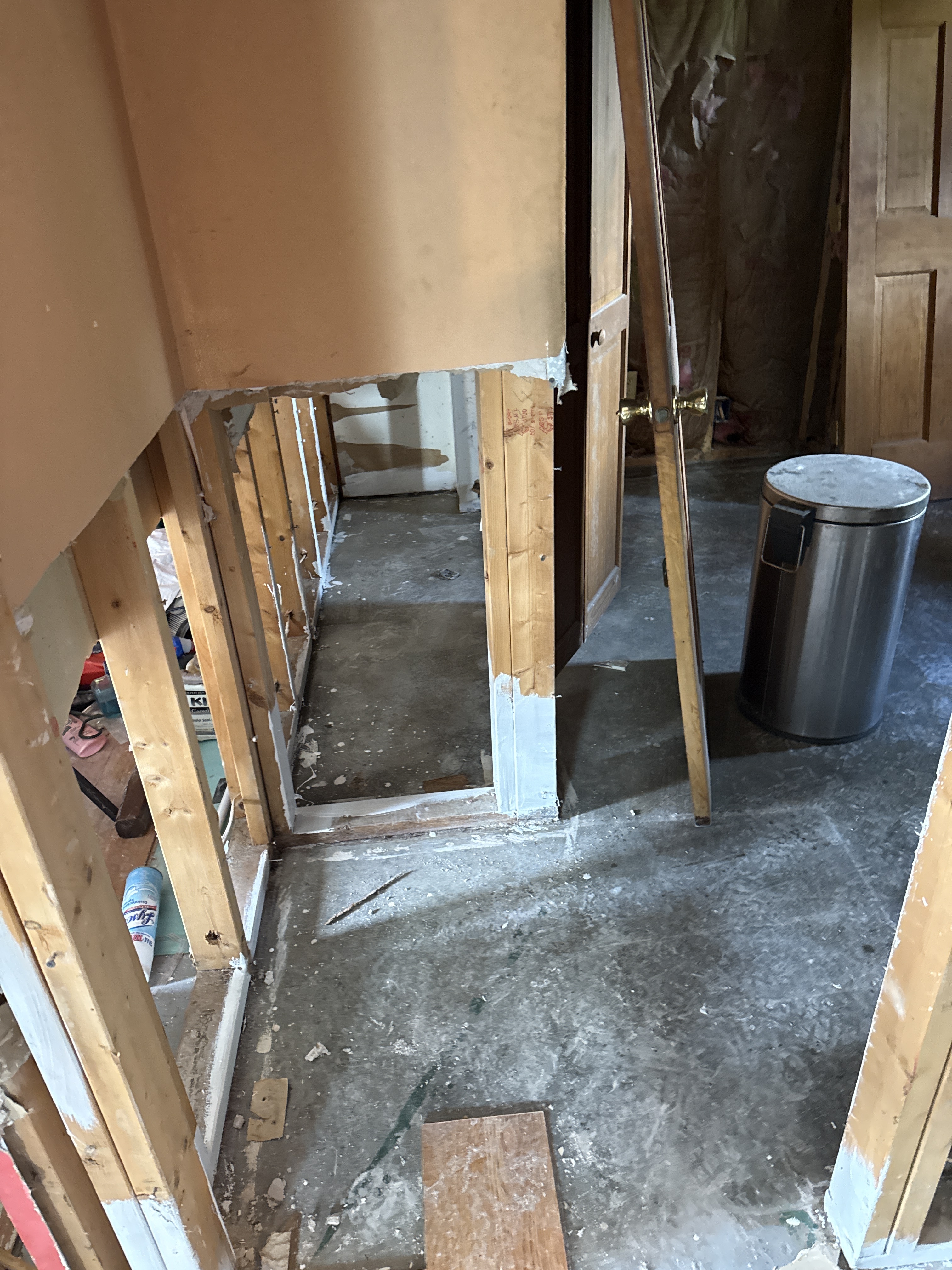 Remediated area showing clean framing and concrete floor after removal of all contaminated materials