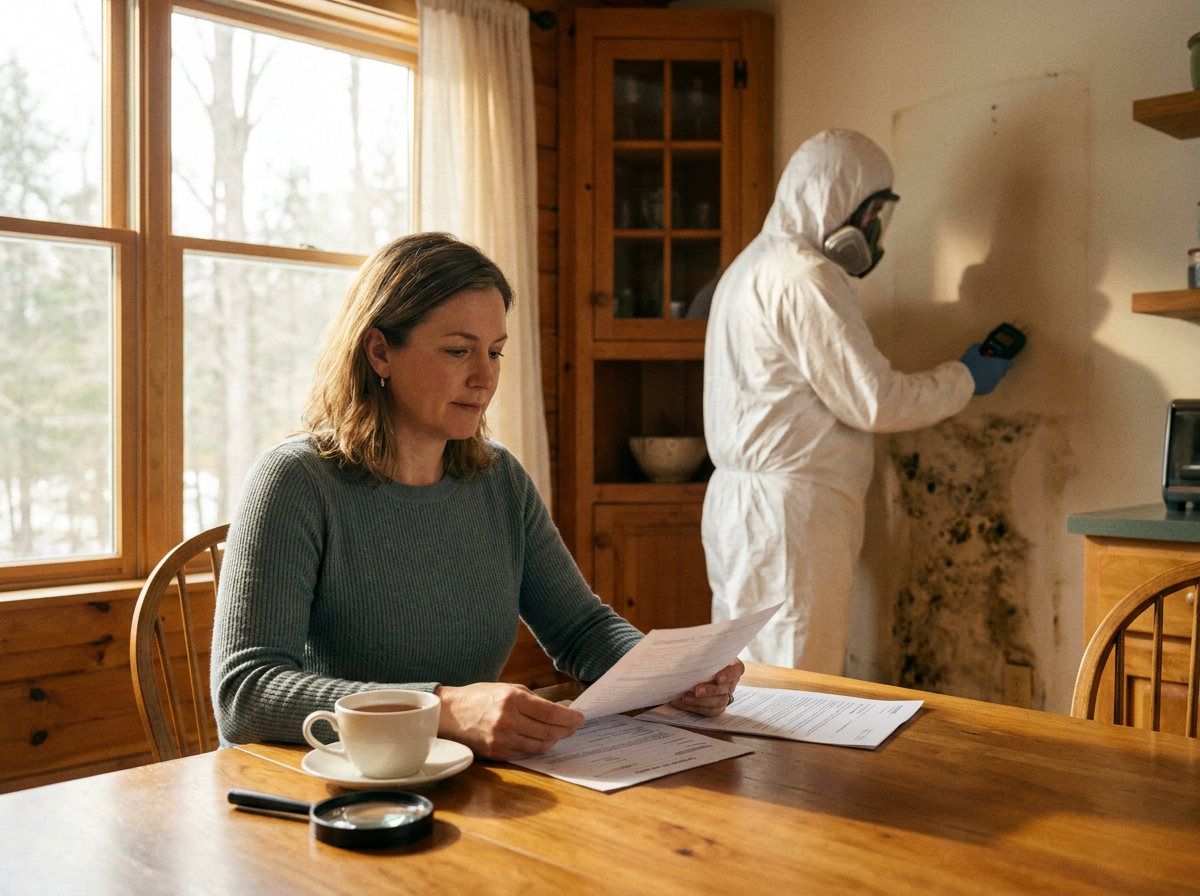 A homeowner reviews insurance documents at a kitchen table while a mold remediation technician in a Tyvek suit examines moisture-damaged walls in the background, illustrating the insurance claim process for mold remediation in New York.