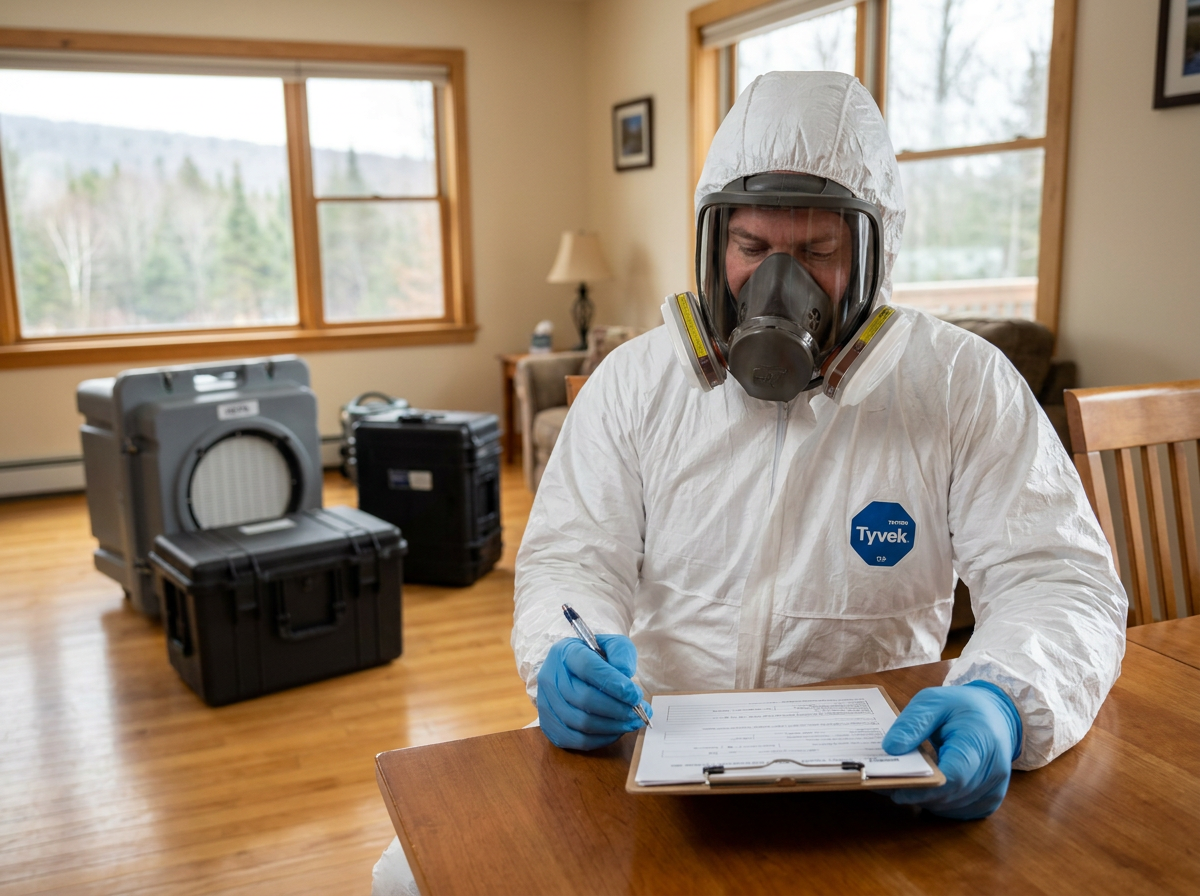 A certified biohazard remediation technician in full PPE reviews a detailed written estimate on a clipboard inside a residential property in North Country New York, with professional cleanup equipment visible in the background.