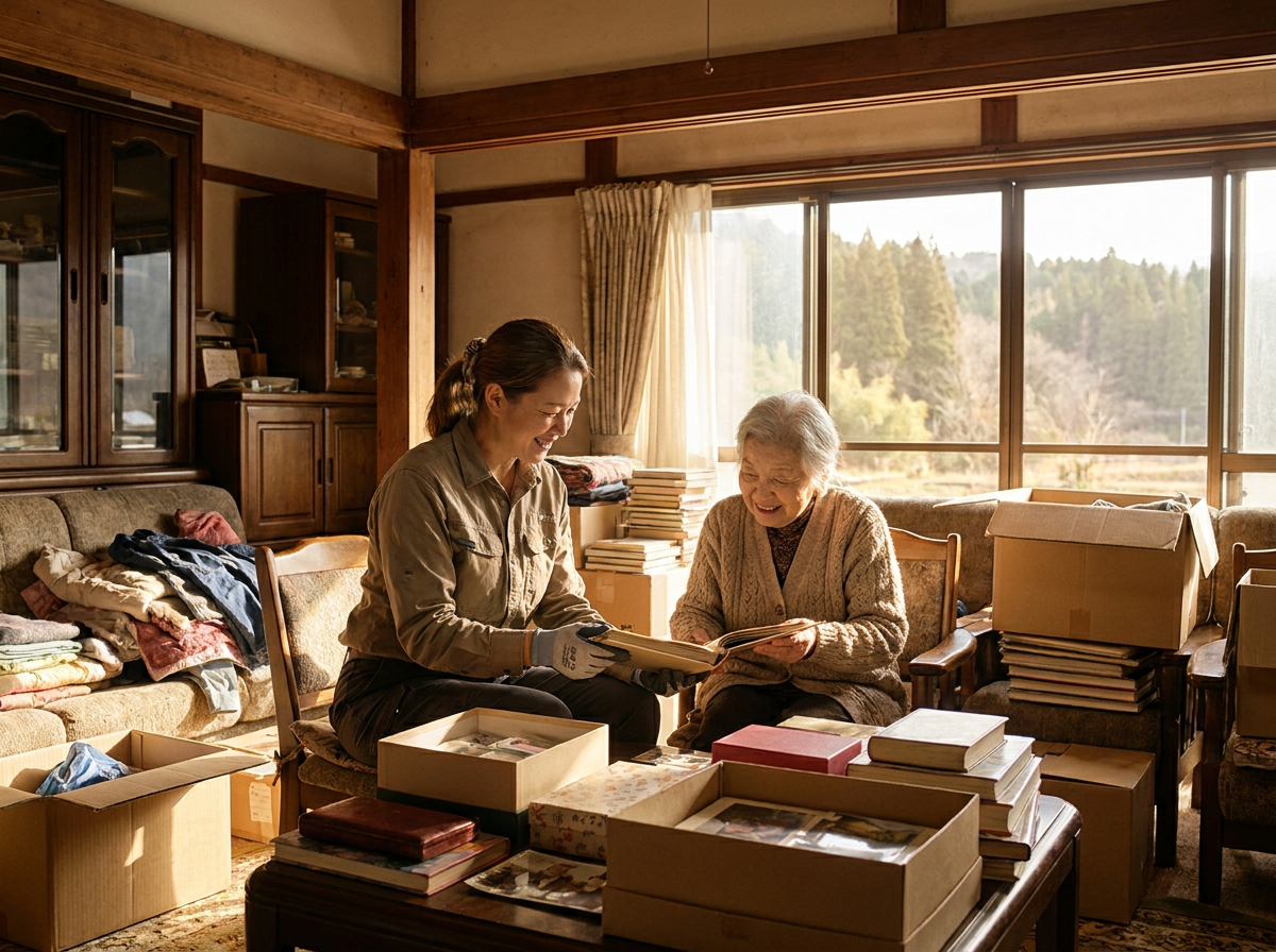 A compassionate professional gently assisting an elderly woman to sort through belongings in her home as part of a hoarding cleanup — warm, dignified, and respectful.