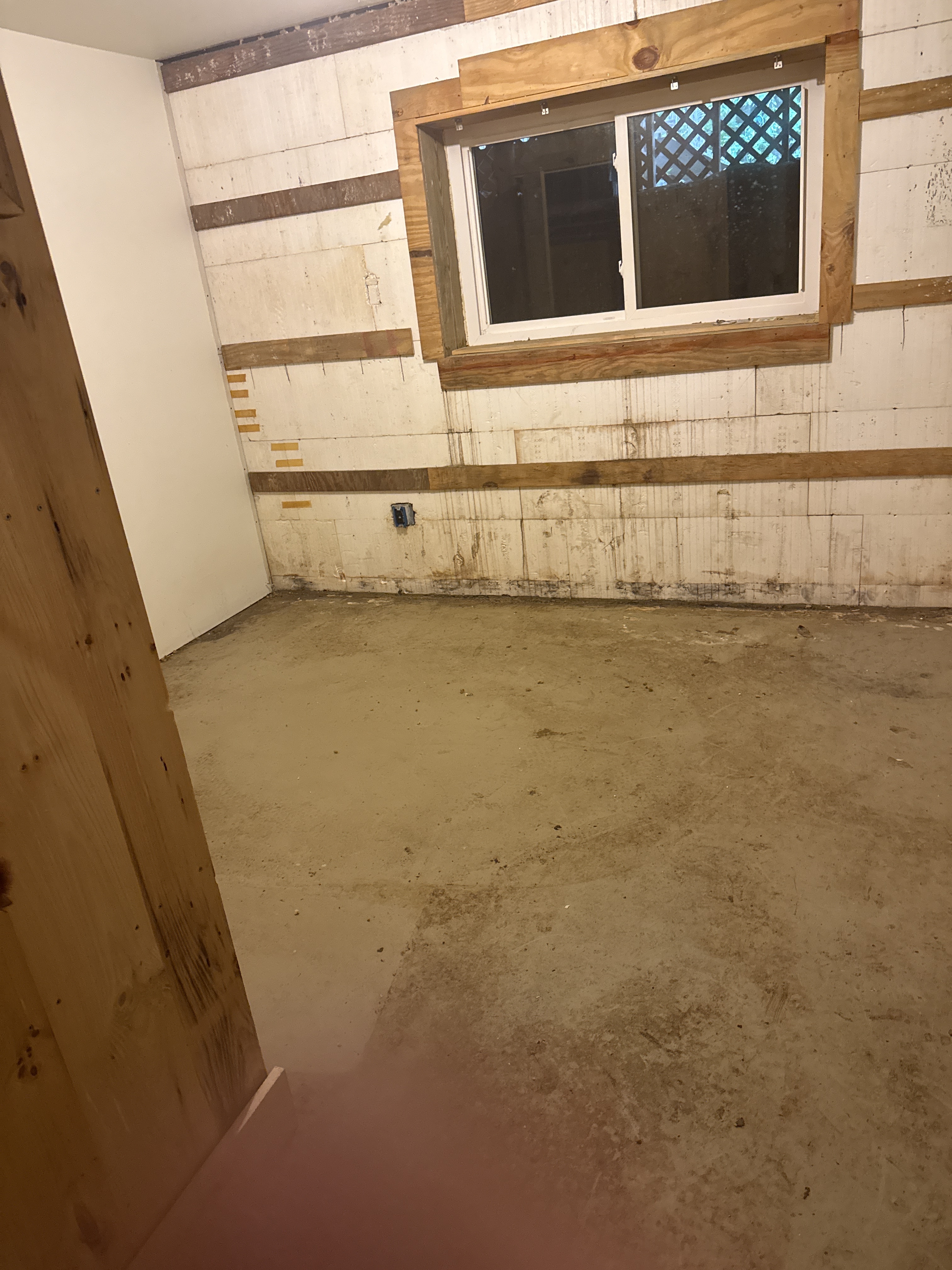 Basement room with window, exposed ICF walls and bare concrete floor