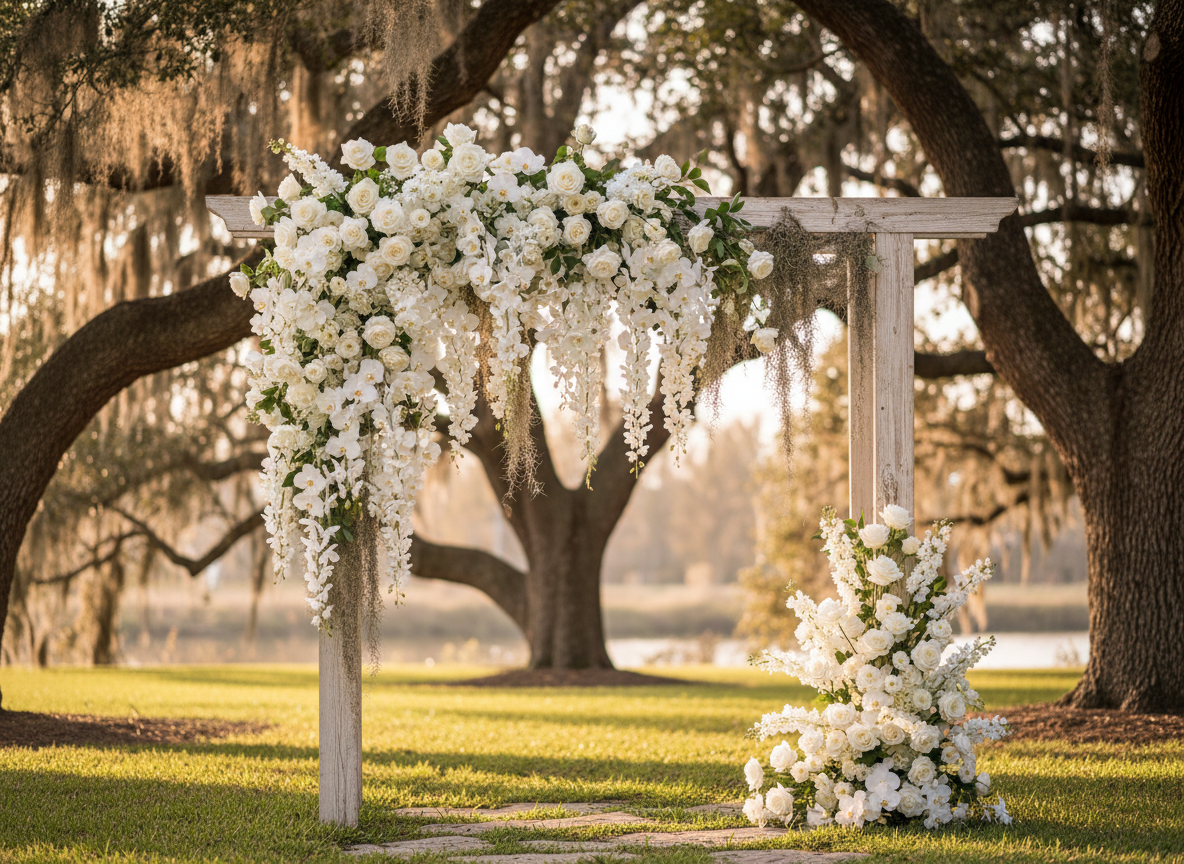 Japanese Southern wedding arrangement with white roses and wisteria