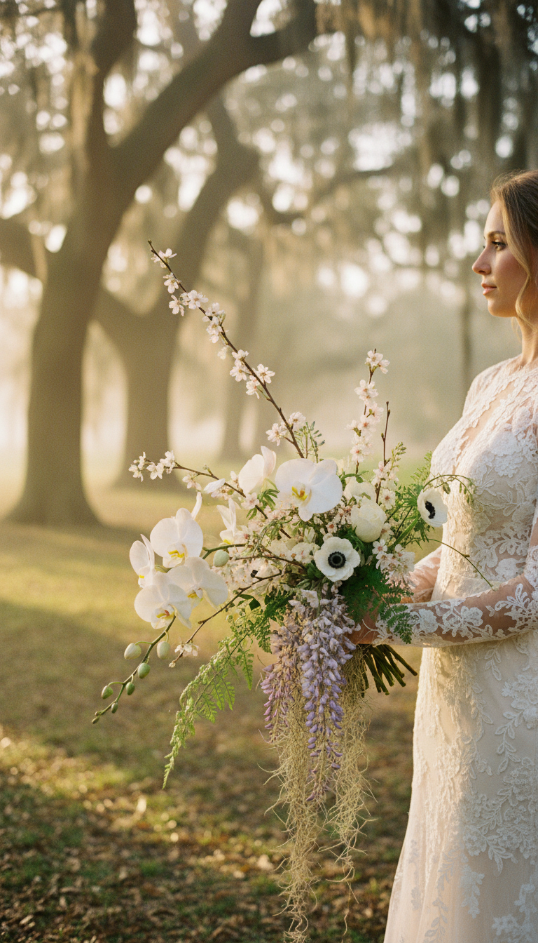 Bride with orchid, anemone, cherry blossom and wisteria bouquet under Southern oaks