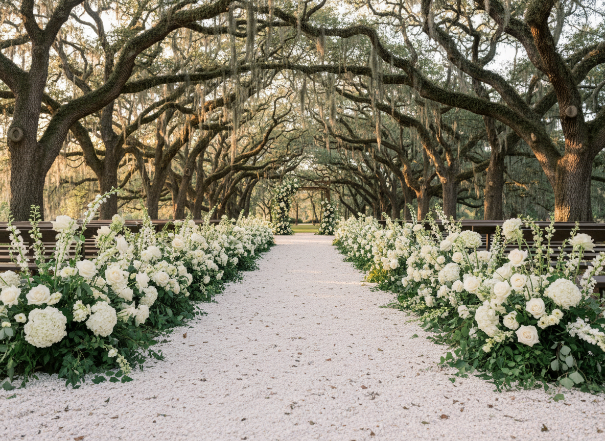 Aisle floral ground arrangements under oak canopy