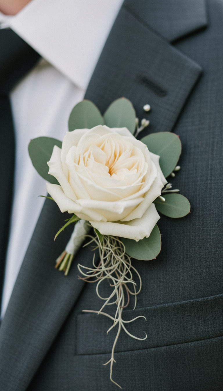 White rose boutonniere with eucalyptus and Spanish moss on charcoal suit