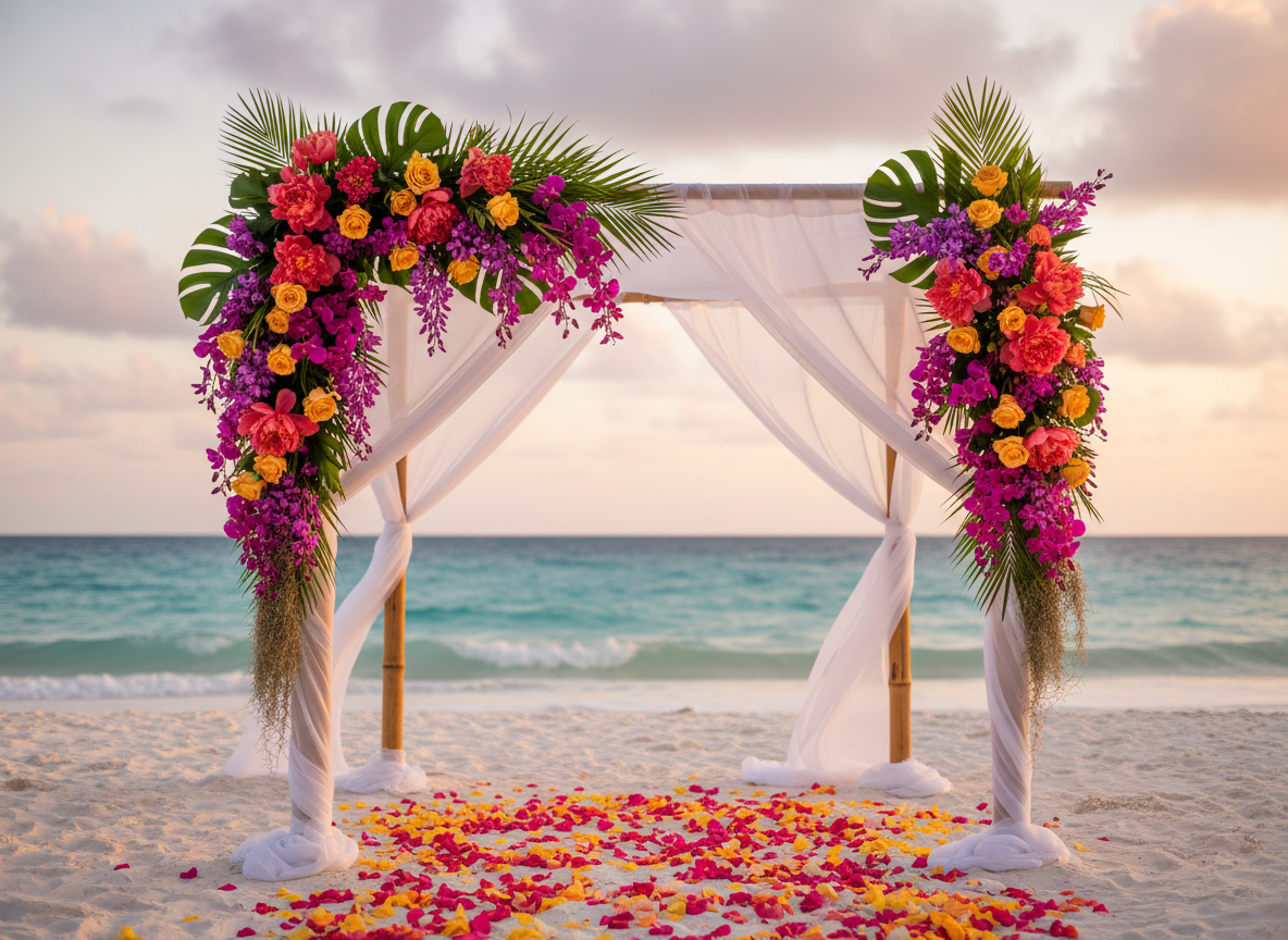 Golden hour beach chuppah with coral peonies, orchids and wisteria