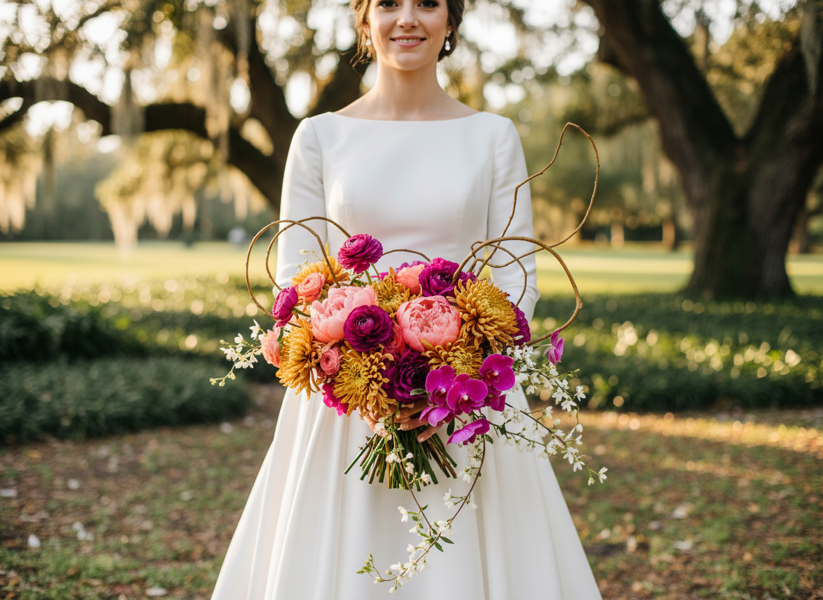 Colorful Japanese Southern bridal bouquet with peonies and orchids