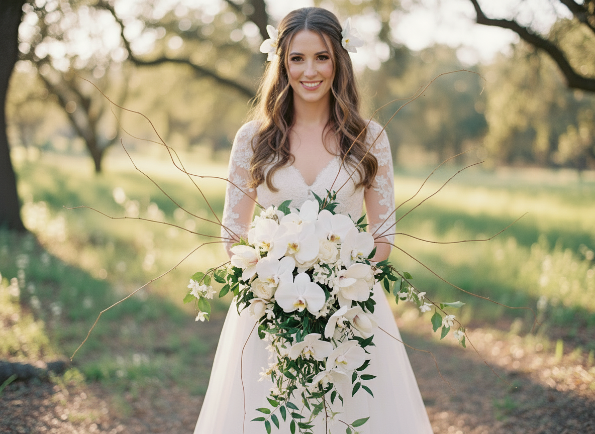 Whimsical bridal bouquet with white orchids and curly willow branches in golden hour