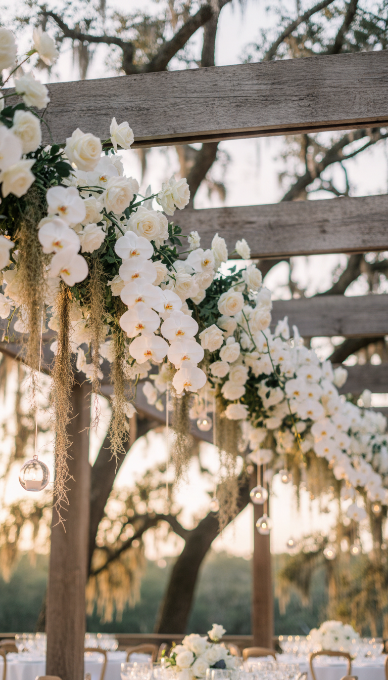 Hanging floral installation with orchids and Spanish moss on pergola