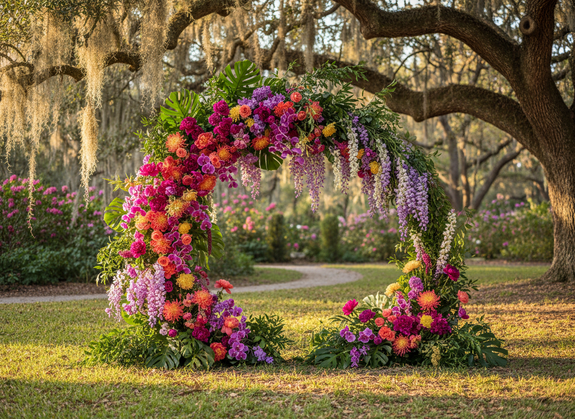 Colorful Japanese Southern ceremony arch with tropical blooms under live oaks