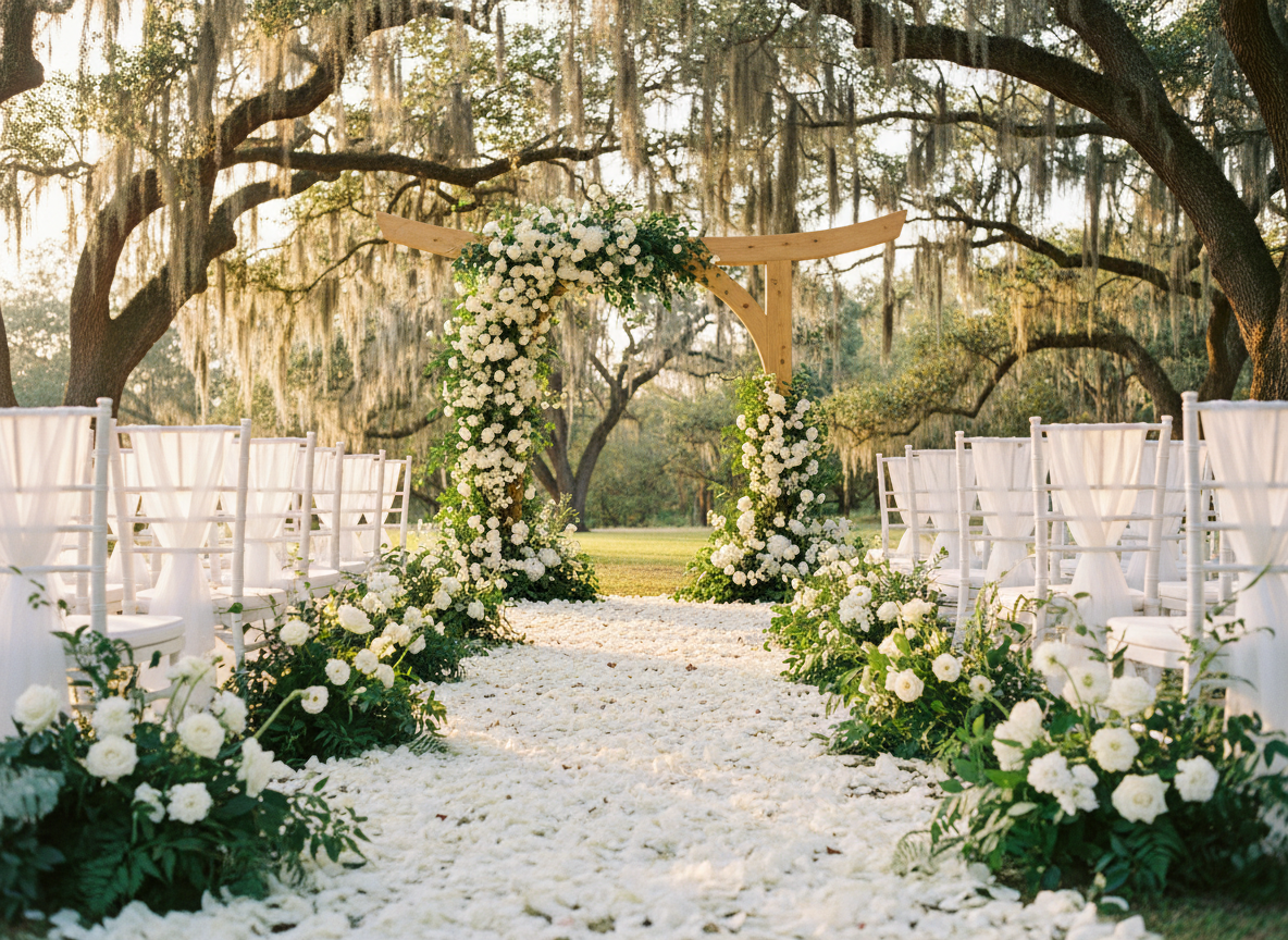 Ceremony aisle with white petals and Japanese-inspired arch