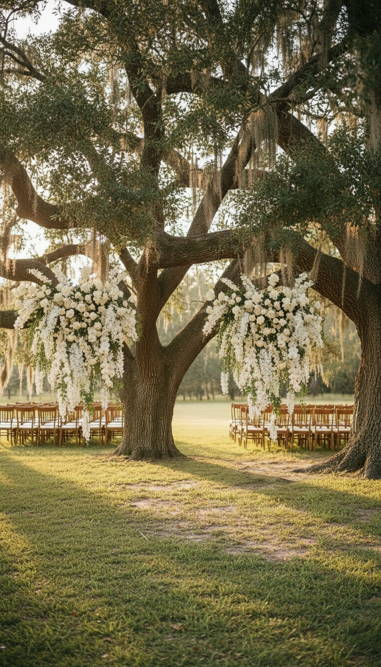 Two cascading white floral chandeliers hanging from a Southern live oak tree over a wedding ceremony setup