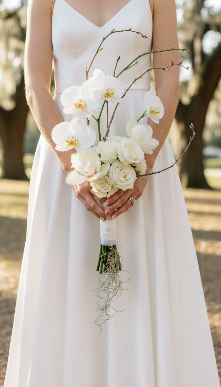 Minimalist bridal bouquet with white orchids, roses and curving branch