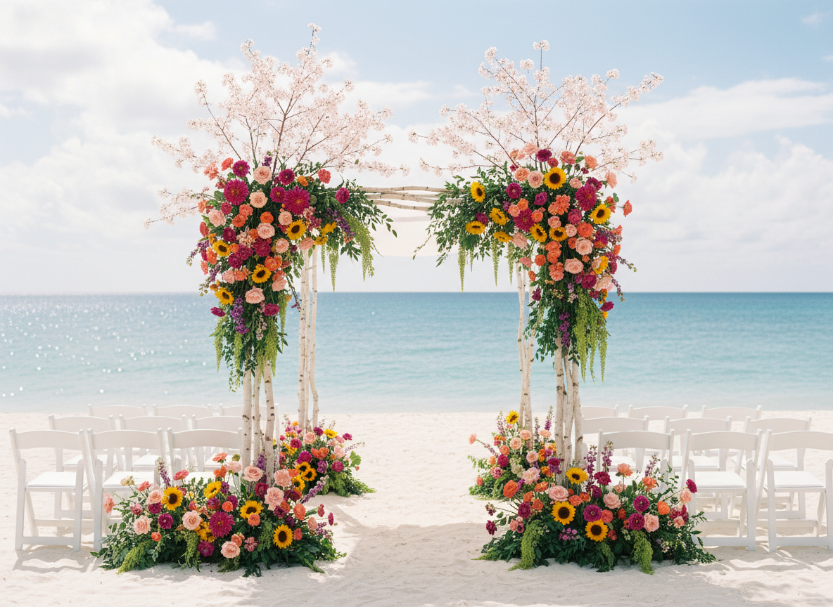 Birch branch beach chuppah with sunflowers and magenta dahlias