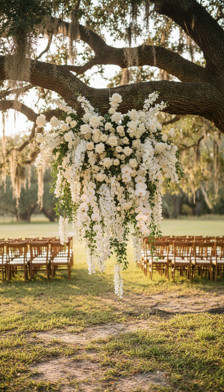 Hanging floral installation suspended from live oak