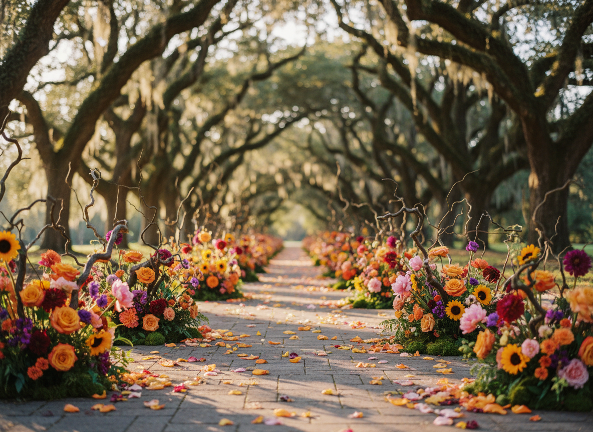 Colorful Japanese Southern aisle with sunflowers and roses under oak canopy