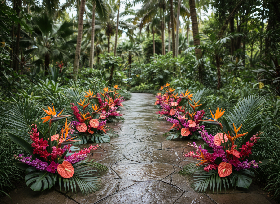 Colorful tropical garden aisle with birds of paradise and orchids