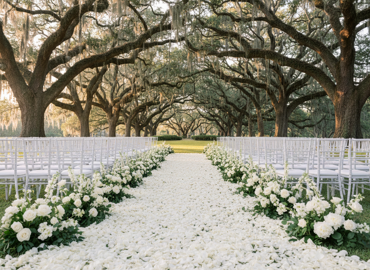 Ceremony aisle blanketed in white petals under oak canopy
