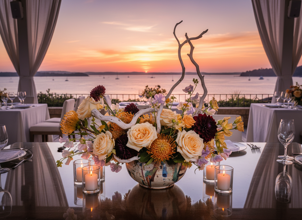 Colorful ikebana centerpiece at waterfront venue with sunset