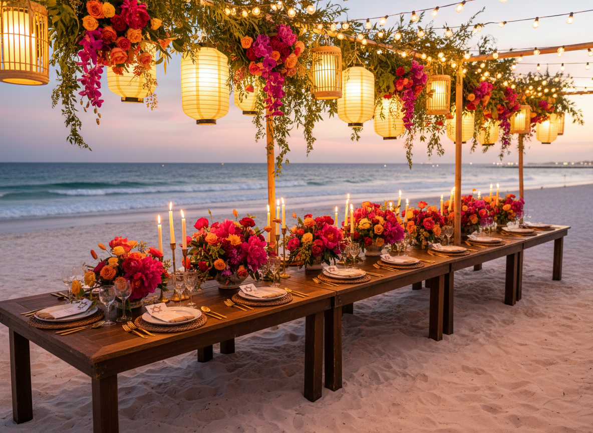 Beach reception table with Japanese lanterns and vibrant florals at sunset