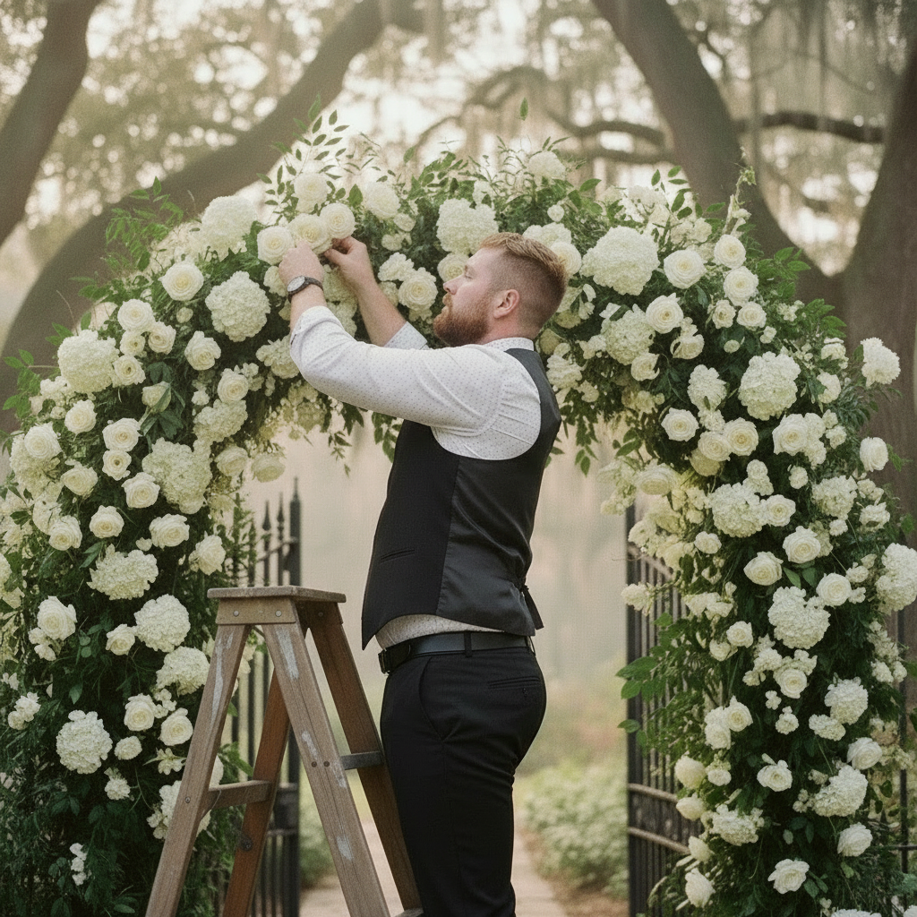 Florist adding finishing touches to a lush white rose and hydrangea ceremony arch