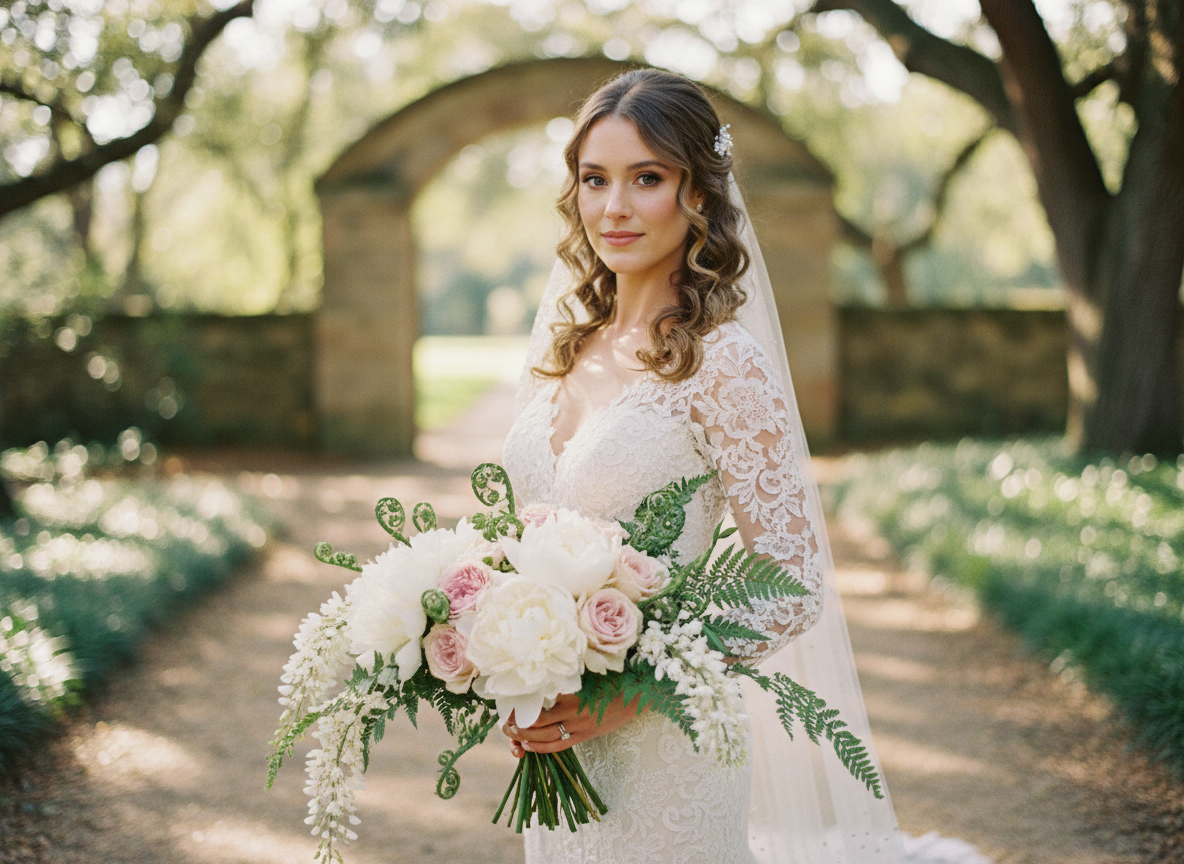 Bride with white peony and fern bridal bouquet under Southern oaks