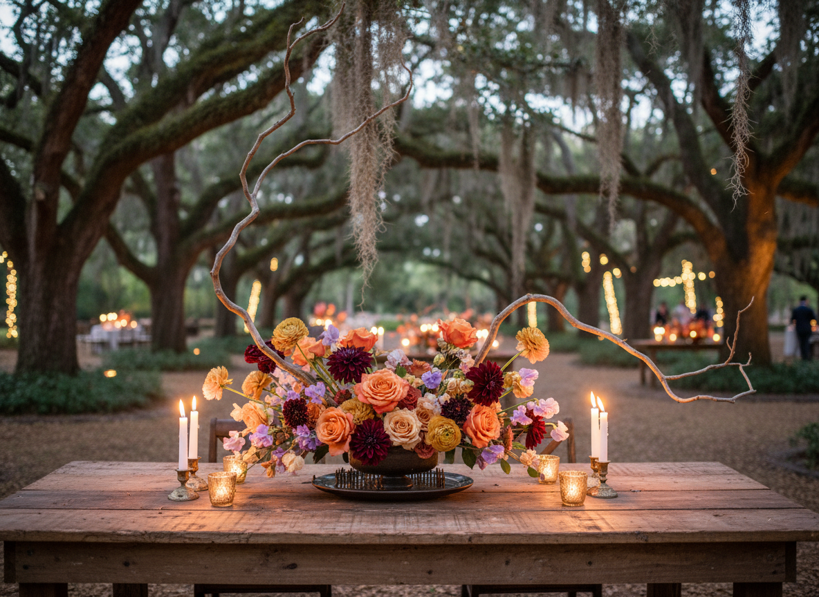 Colorful Japanese Southern centerpiece with roses and dahlias under live oaks
