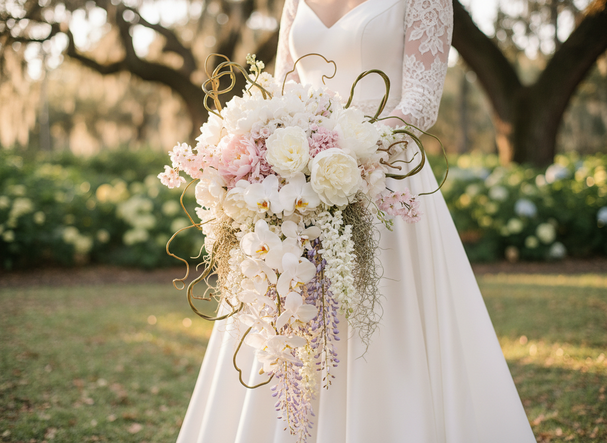 Luxurious Japanese Southern bridal bouquet with orchids, peonies, wisteria and gold vine accents