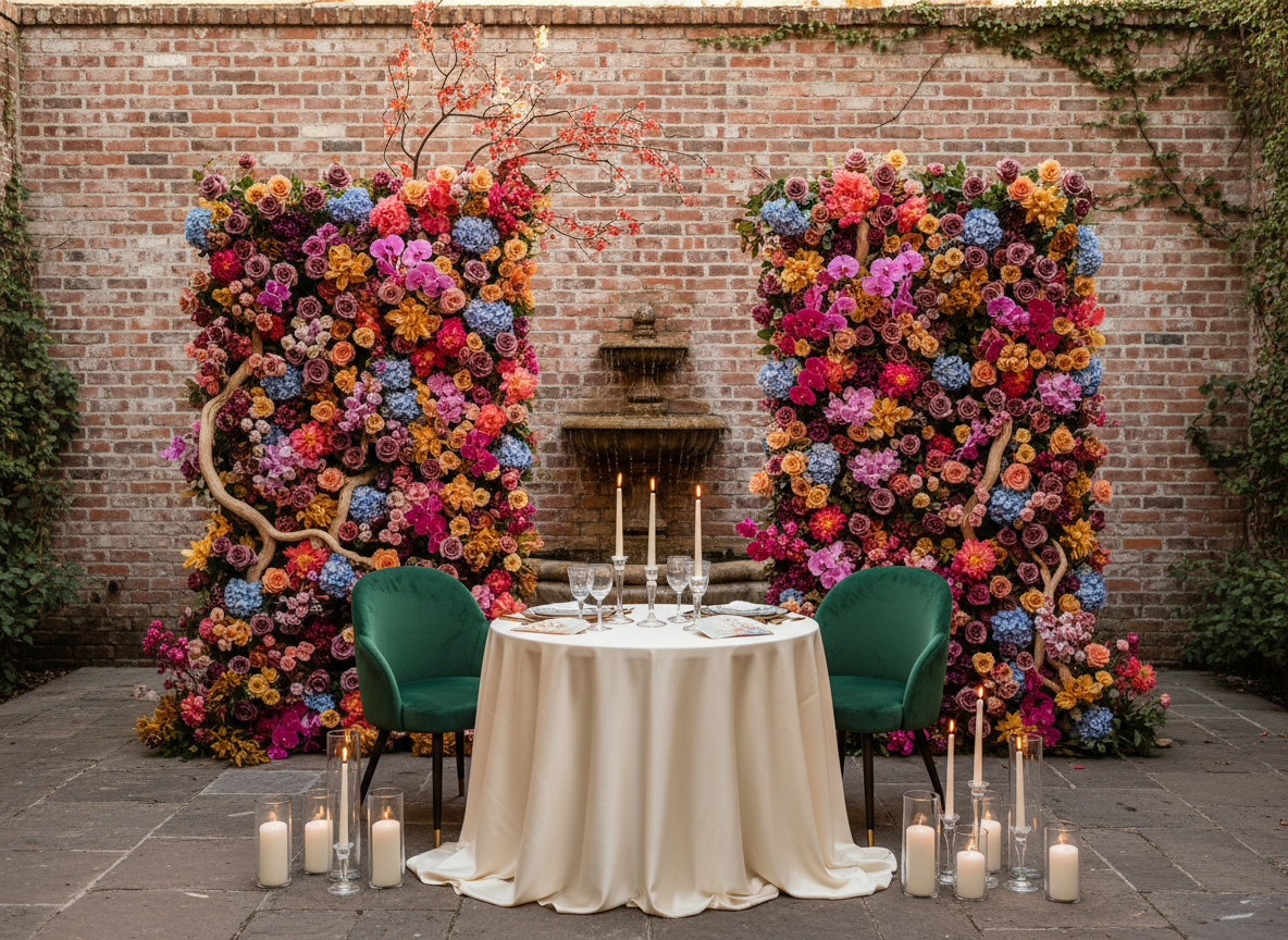 Colorful sweetheart table with floral walls in brick courtyard