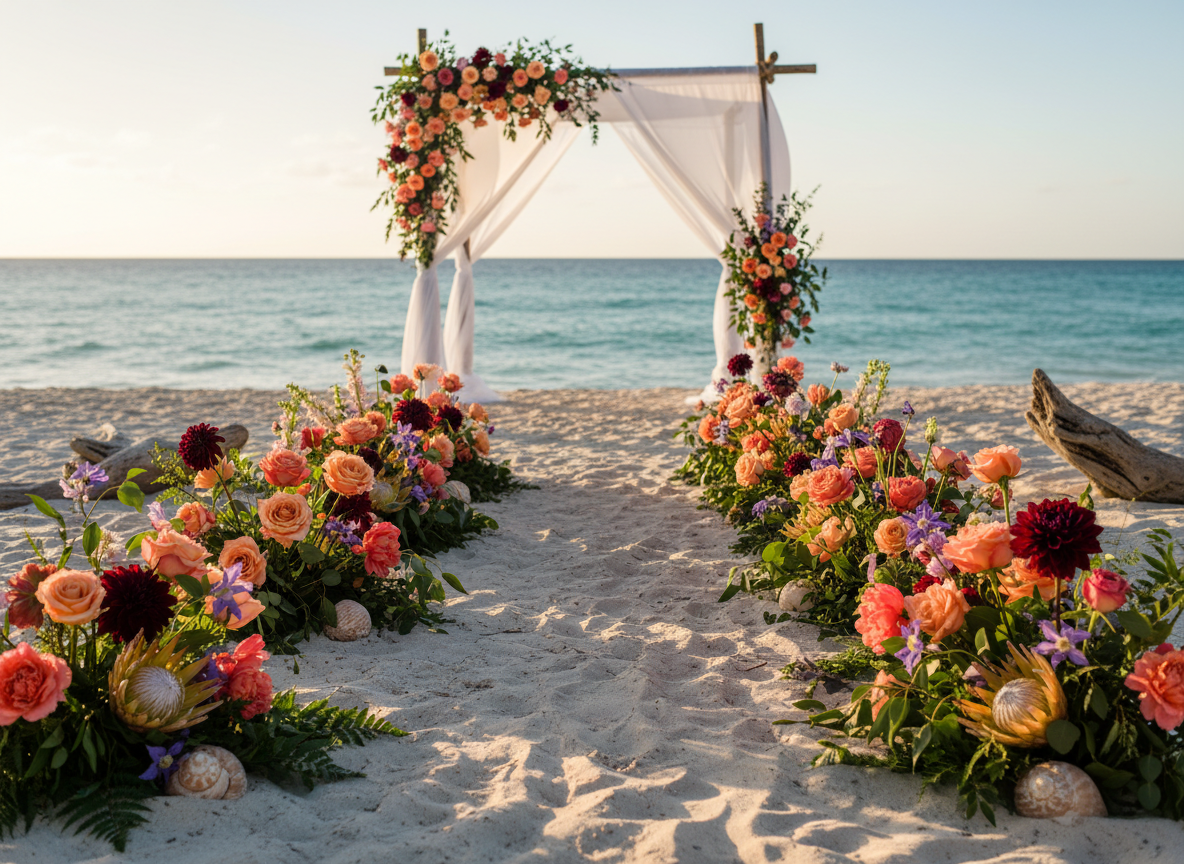 Beach aisle with colorful floral clusters, proteas and driftwood leading to chuppah