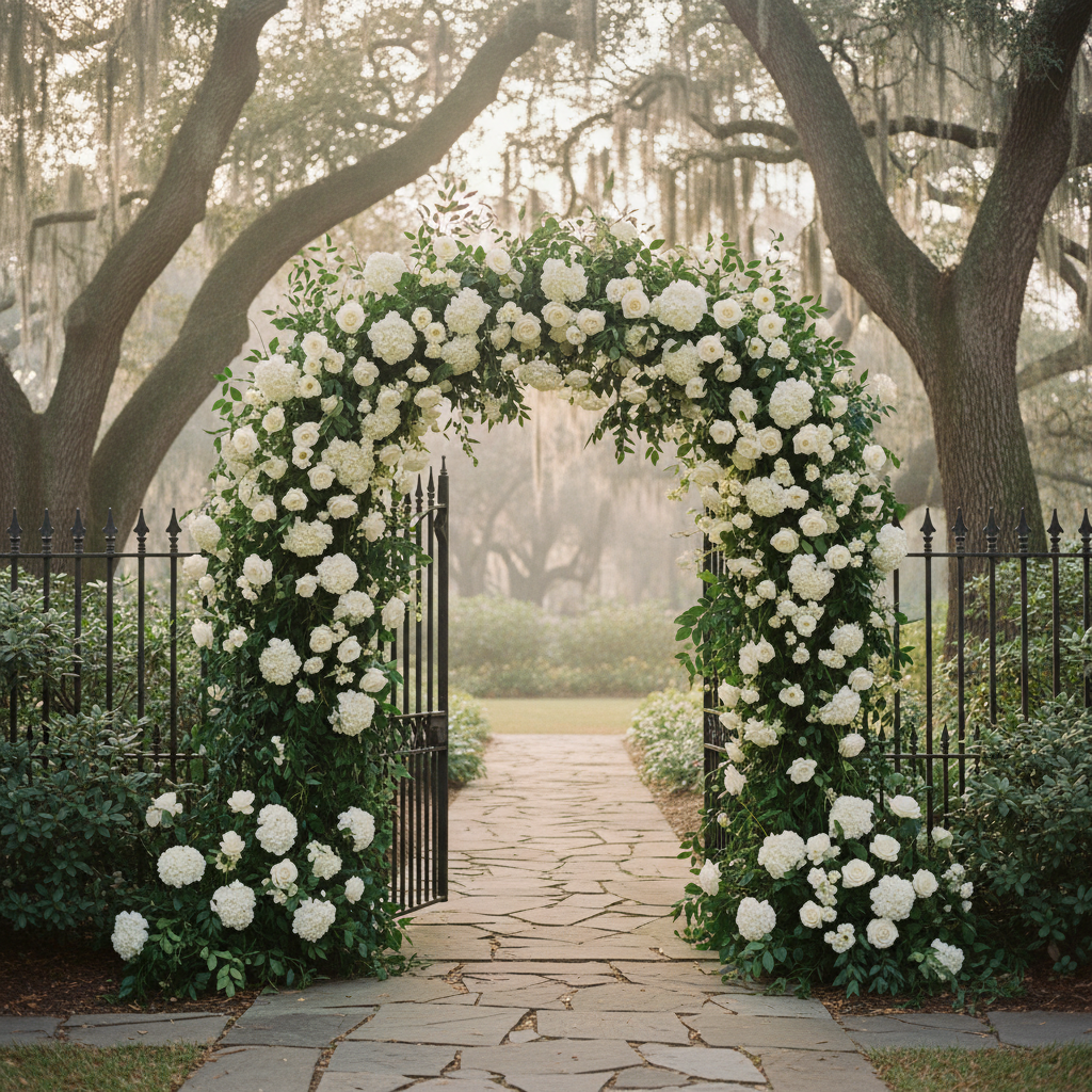 White rose garden gate entrance with iron fence