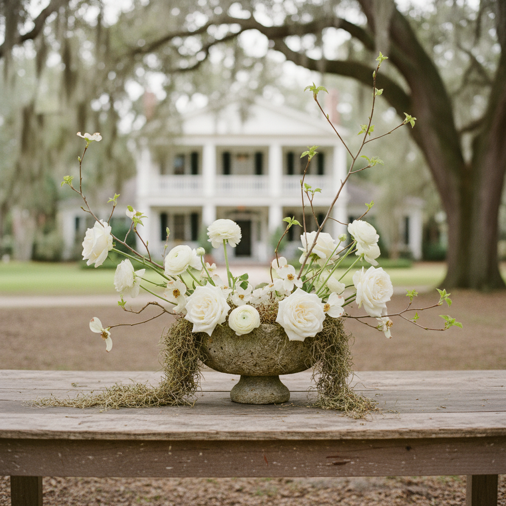 Ikebana style centerpiece with white roses and Spanish moss