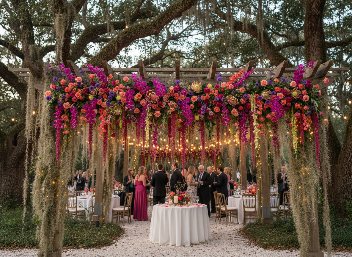 Colorful hanging floral installation with fuchsia orchids under pergola